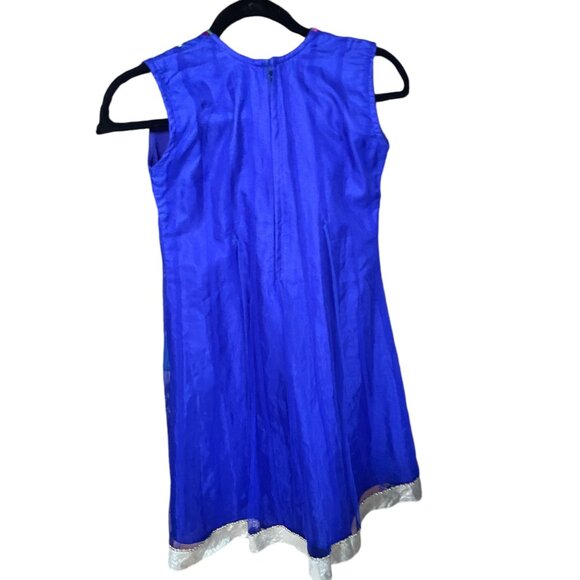 Handmade Embroidered Royal Blue Sleeveless Tunic Dress With Floral Design & Silv - Picture 2 of 5